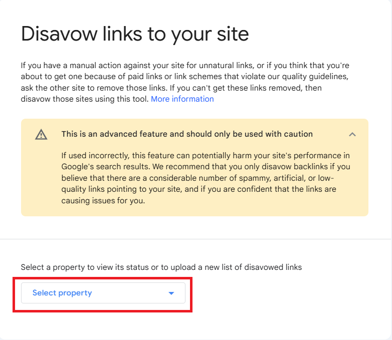 choose the property type for disavow links