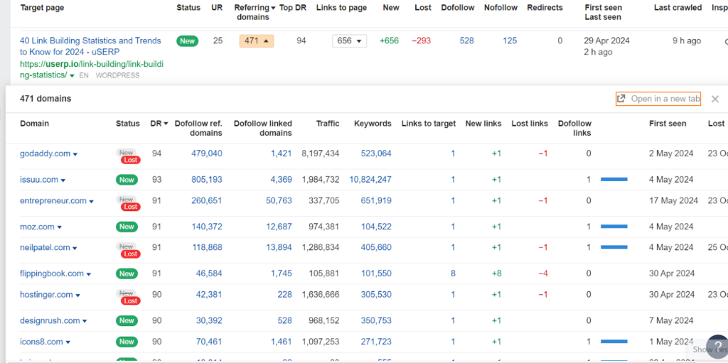 click on the number of referring domains