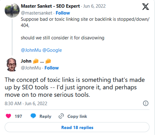 JohnMu said google inore toxic backlinks