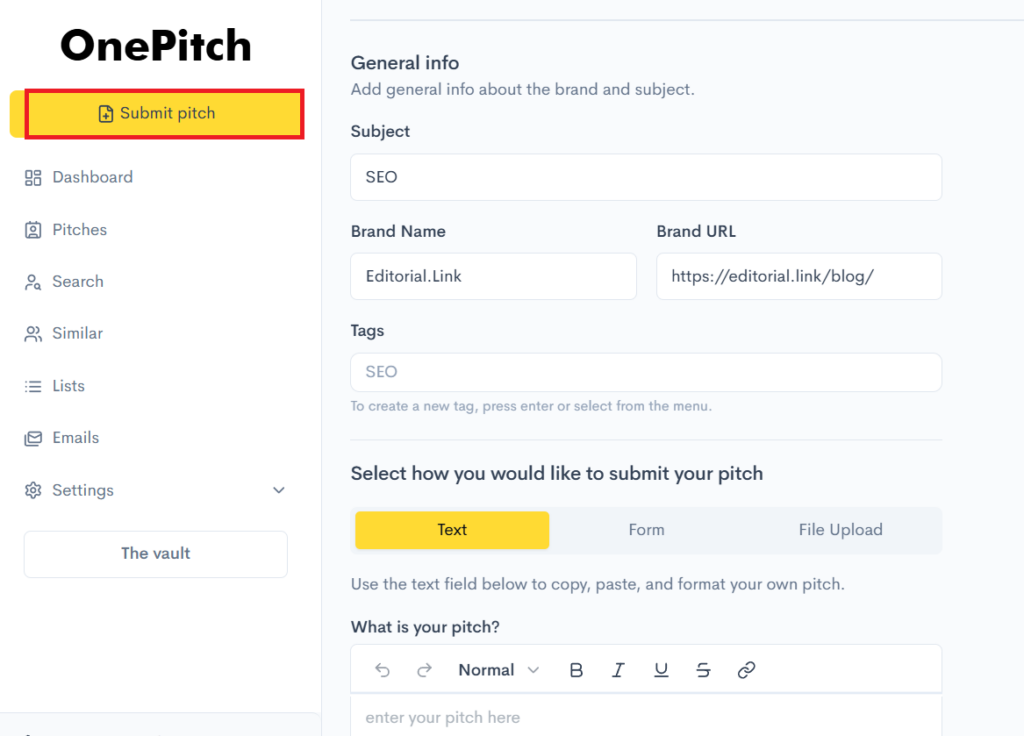 an easy-to-use builder that lets you add the subject and a summary of your pitch