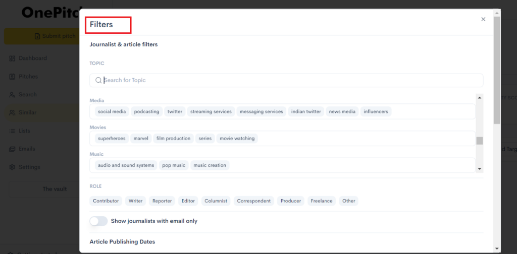go to the "Similar Journalists" tab and use the extra search filters