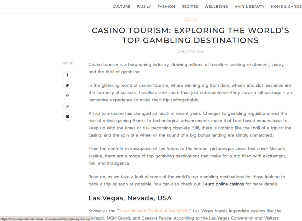 Lifestyle and leisure websites for casino link building