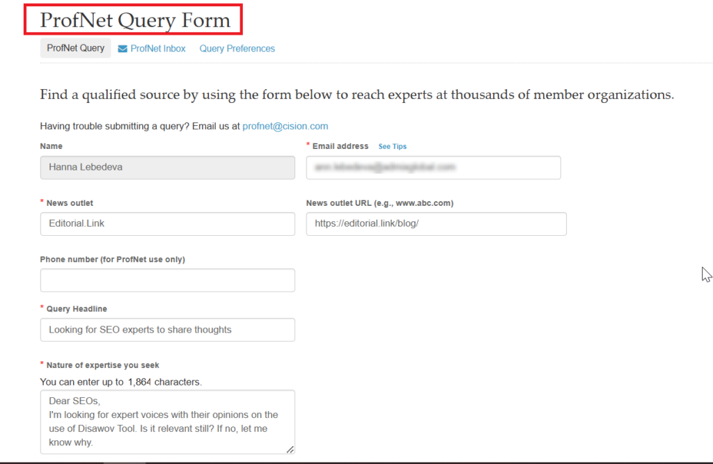 you'll find a quick link to log into ProfNet and submit your query