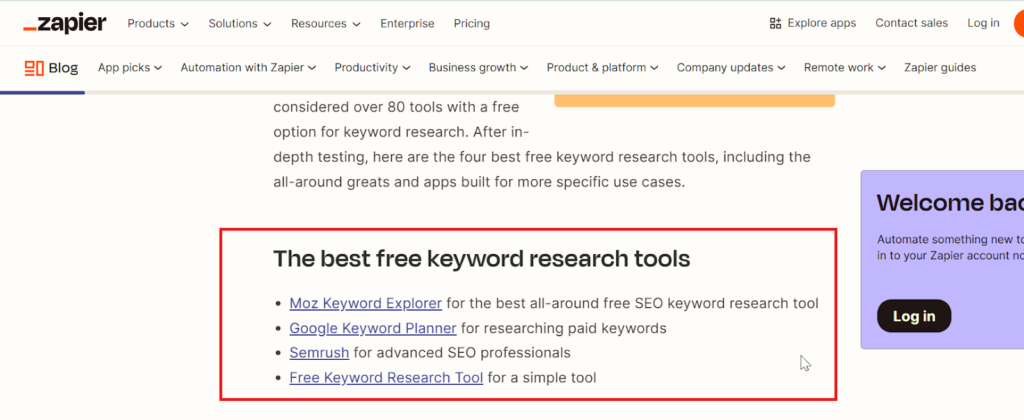 listicles on Zapier about best keyword research tools