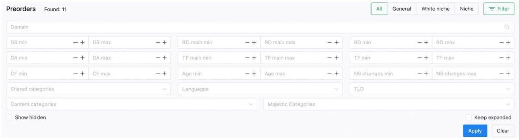 You can browse open Preorders by DR, niche, traffic, language, and more.