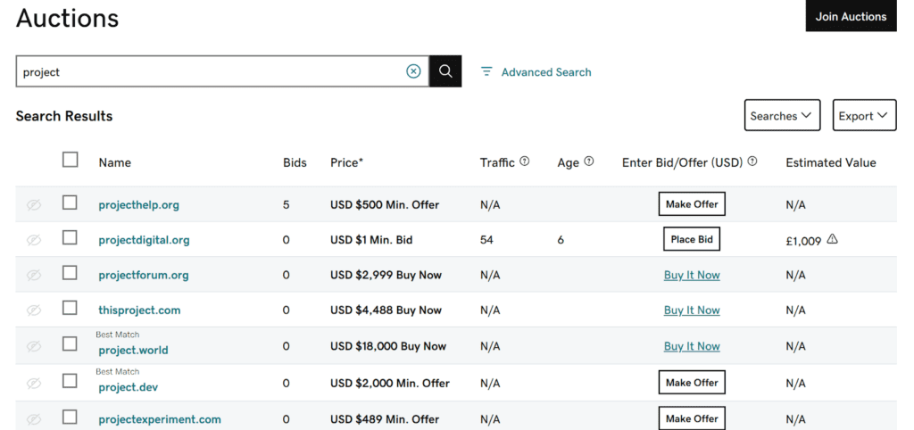 find the domains to buy by searching current auctions