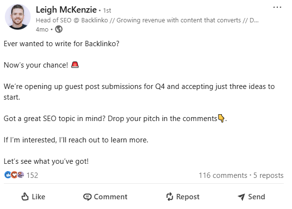 Guest posting opportunities on high-quality websites, like Backlinko