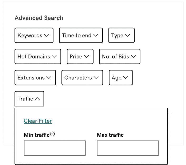 search by filtering auctions by relevant keywords, price, traffic, age, and more