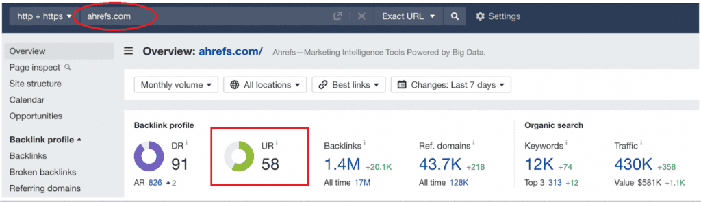 ahrefs homepage ur 58