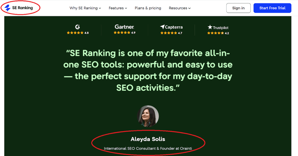 Aleyda Solis got a homepage mention for her company Orainti just by sharing her feedback on SE Ranking’s services
