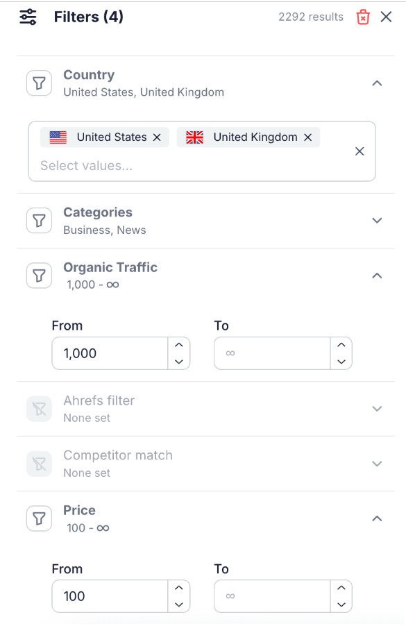 Bazoom's search engine comes with the usual filters, like country, organic traffic, or price
