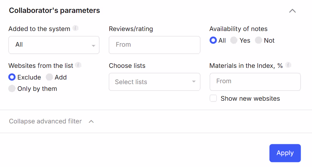 Collaborator specific filters