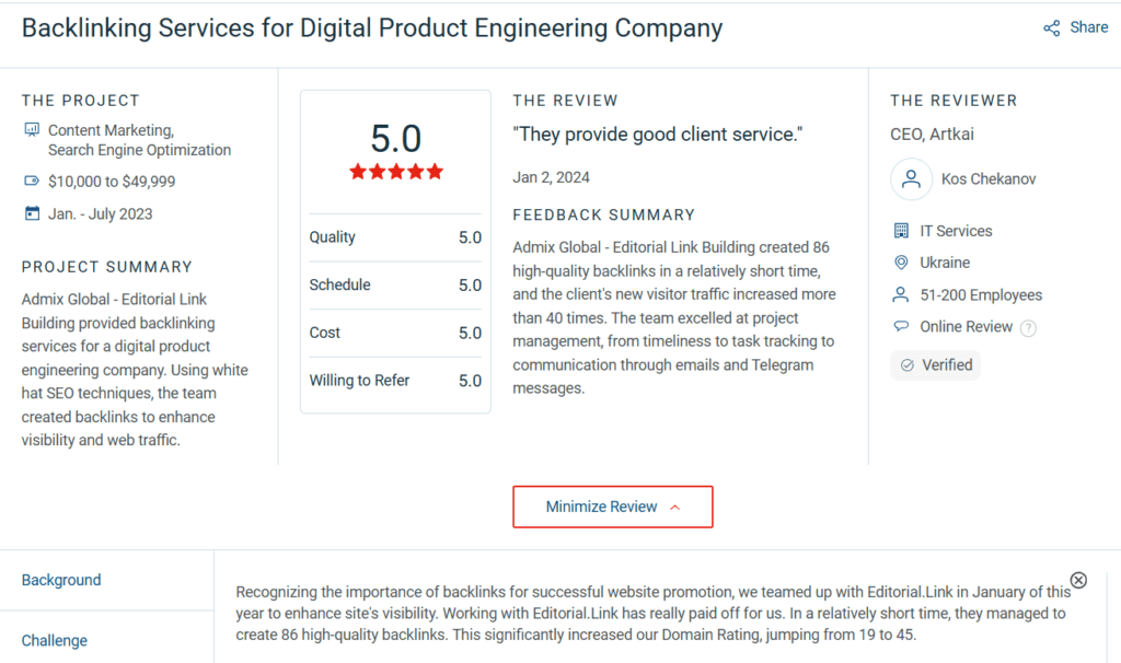 Customer reviews about Editorial.link services