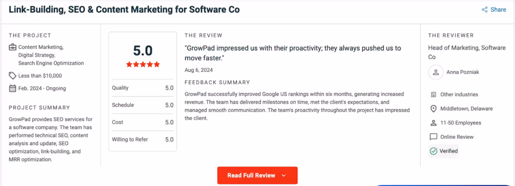 The GrowPad's 5-star review on Clutch.co from Anna Pozniak, head of marketing at NetHunt, a SaaS CRM tools for marketing and sales teams