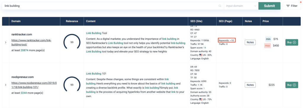 Insert.link like search engine for link building