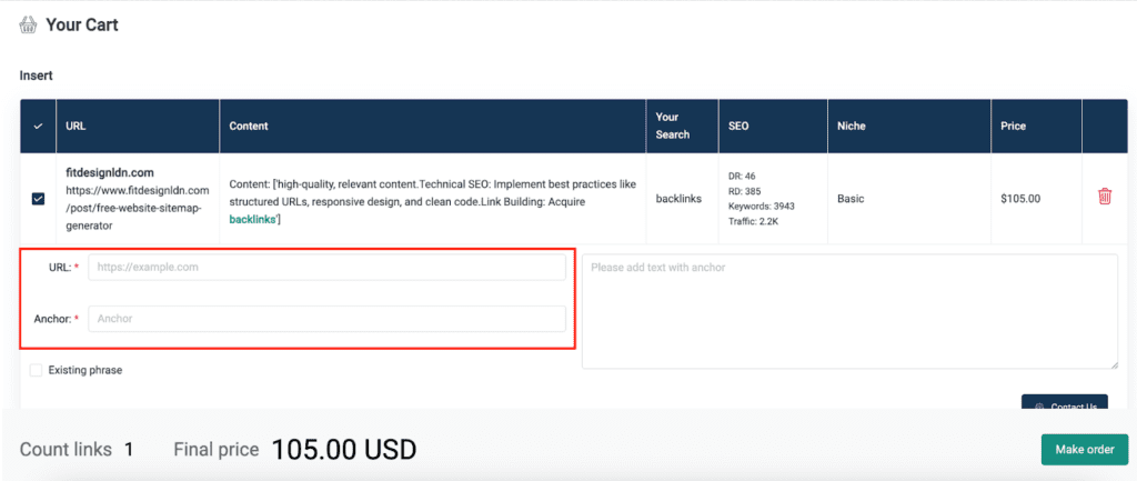 Once you pick a page that ticks your boxes, place it in the cart, enter your target URL and anchor text, and settle the payment