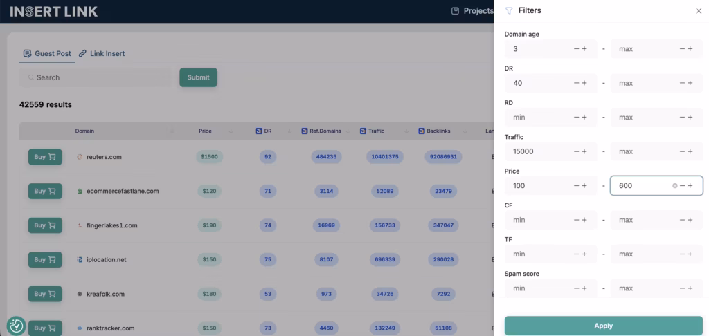 Filters to find guest post on INSERT.LINK