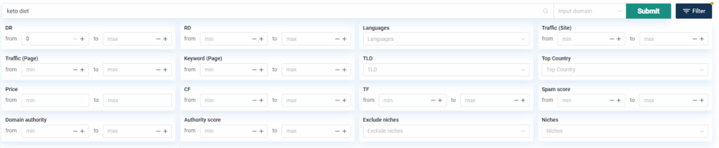 filters on INSERT.LINK (AI link building tools)