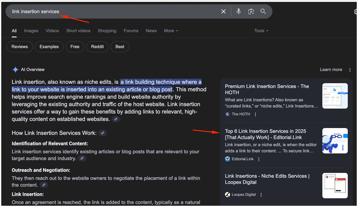 Here’s an AI overview for link insertion services citing our article