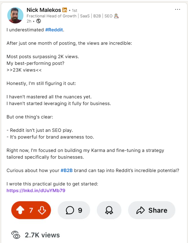 Most of his posts get 2k+ views after just one month of posting