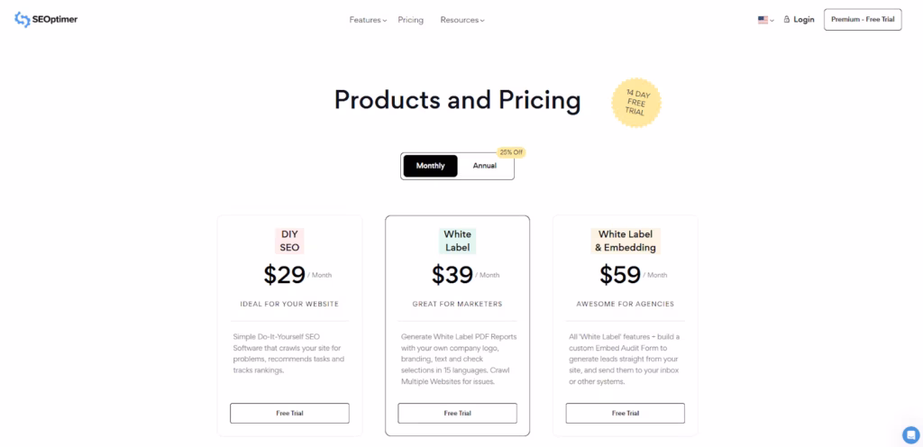 SEOptimer backlink monitoring pricing
